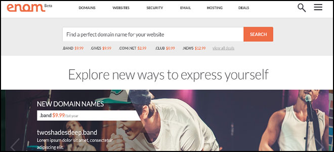 Cropped homepage feature image from Enom showing the headline 'Explore new ways to express yourself' with diverse people.
