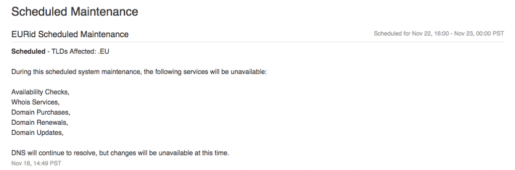 showing what a scheduled maintenance announcement would look like