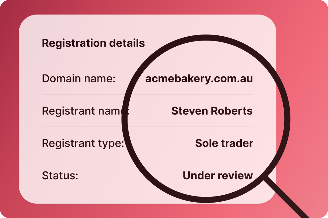 A magnifying glass over registrant details.